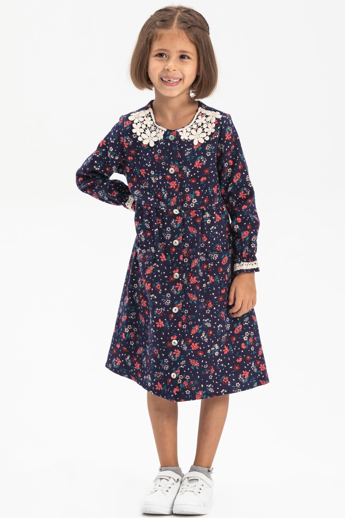 Long Sleeve Flannel Asya Collar Kids Dress Floral Pattern Navy Blue