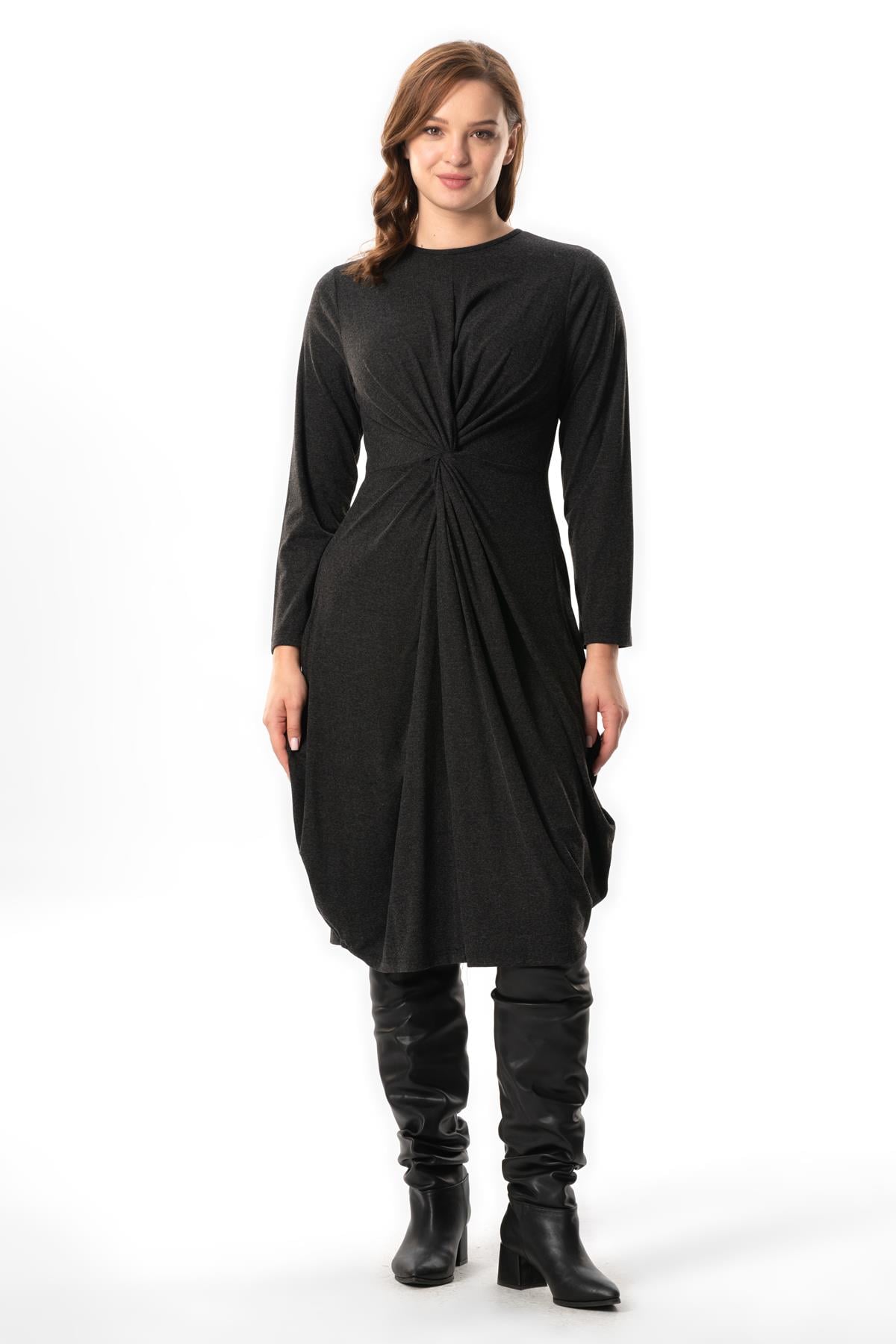 Long Sleeve Athena Knot Detailed Fall-Winter Midi Length Authentic Combed Viscose Dress Gray