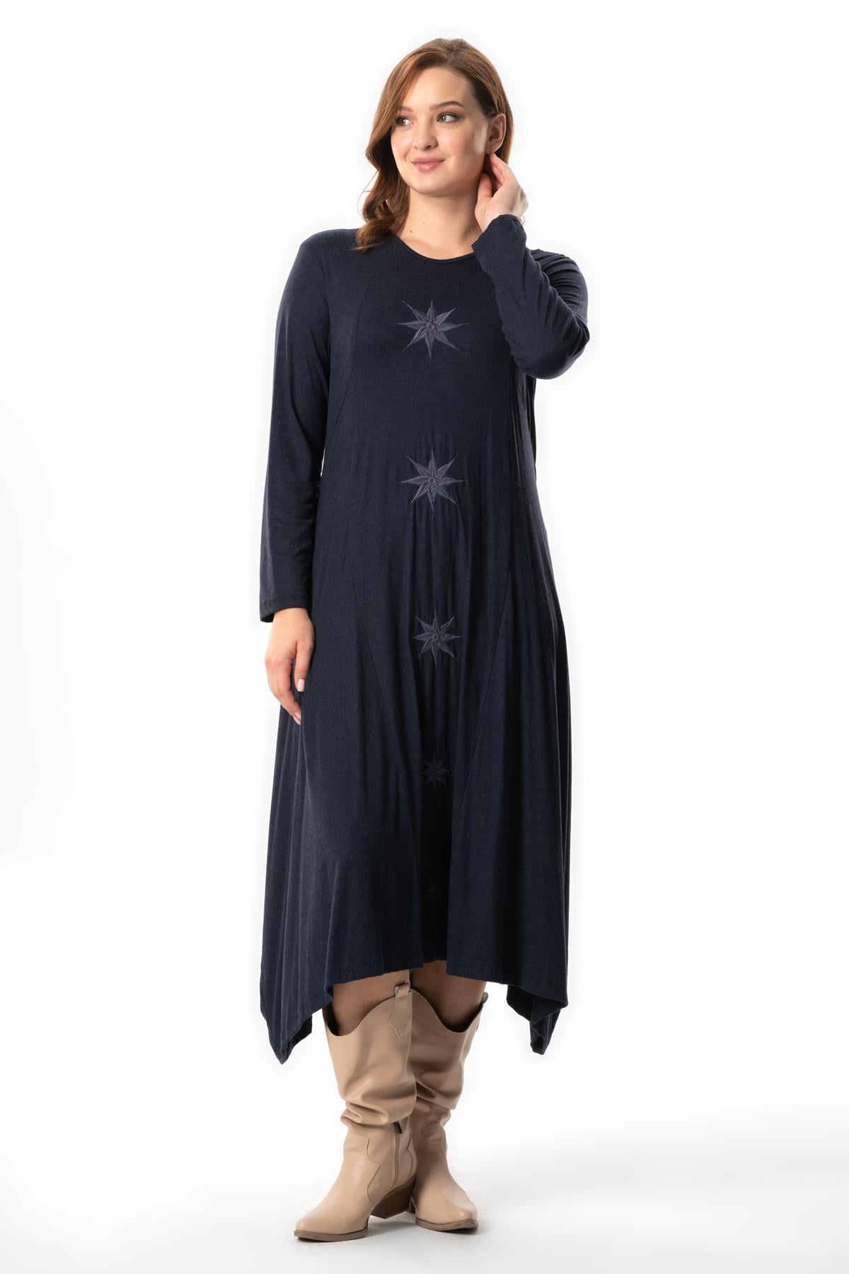 Long Sleeve Atlantis Fall-Winter Embroidery Detailed Long Combed Viscose Dress Navy Blue