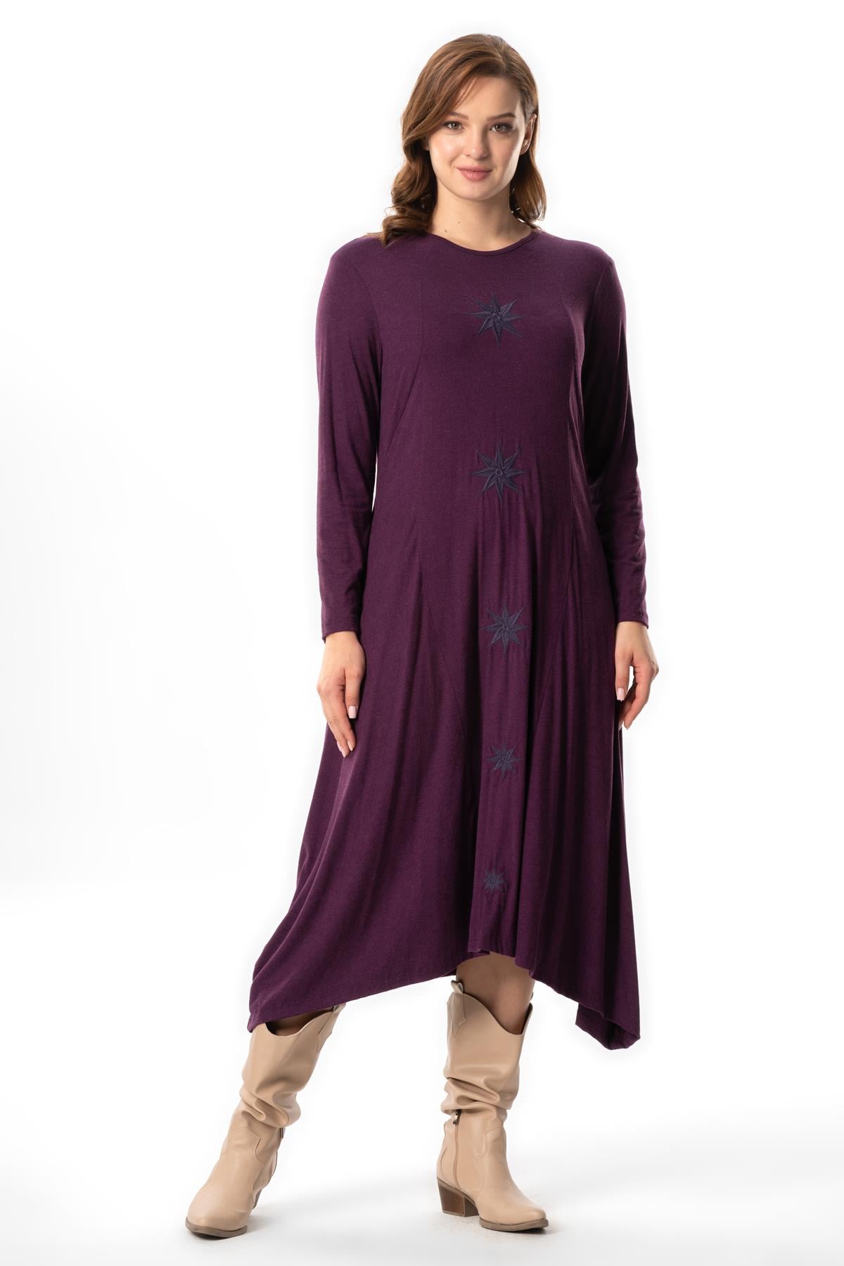 Long Sleeve Atlantis Fall-Winter Embroidery Detailed Long Combed Viscose Dress Mürdüm