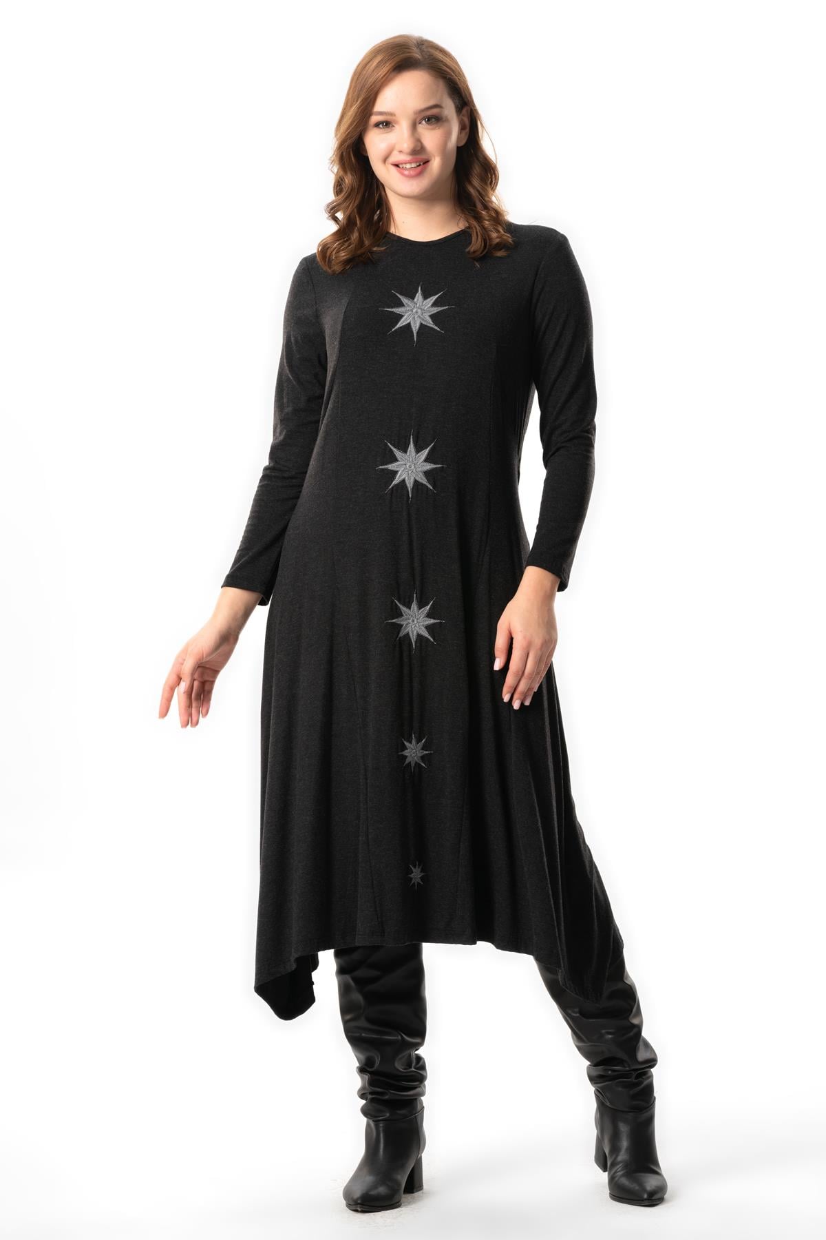 Long Sleeve Atlantis Fall-Winter Embroidery Detailed Long Combed Viscose Dress Gray