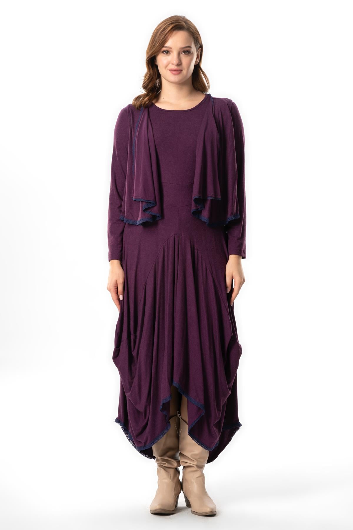 Long Sleeve Atlas Autumn and Winter Asymmetrical Cut Authentic Long Combed Viscose Dress Mürdüm