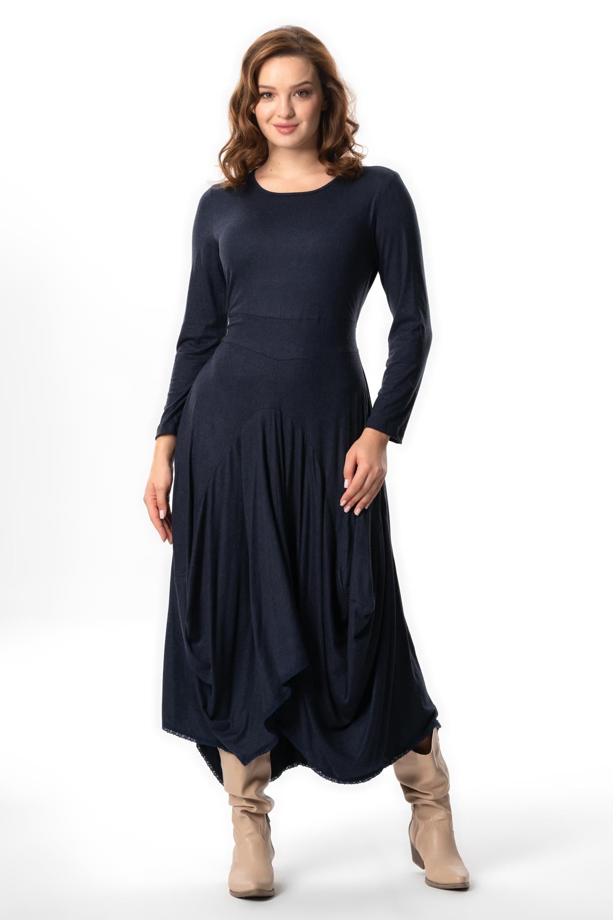 Long Sleeve Atlas Autumn and Winter Asymmetrical Cut Authentic Long Combed Viscose Dress Navy Blue
