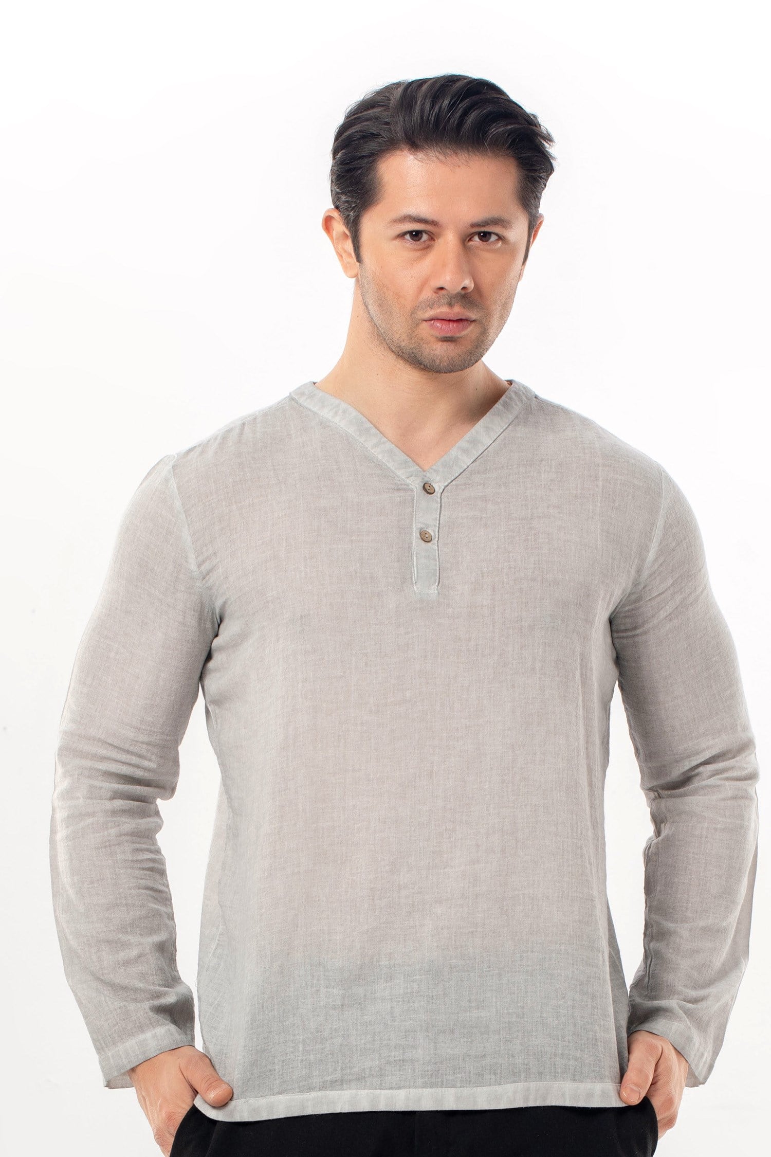 Uzun Kol Bora V Yaka Düğmeli Poplin Erkek Tişört | Yazlık Erkek Tshirt Gri Gri