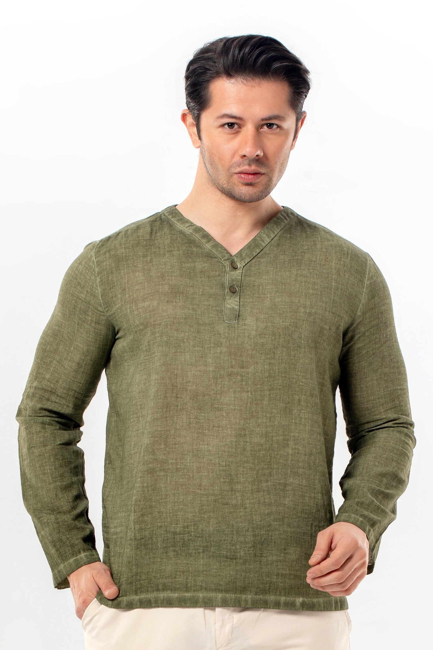 Long Sleeve Bora V-Neck Button-Down Poplin Men's T-Shirt Light Khaki