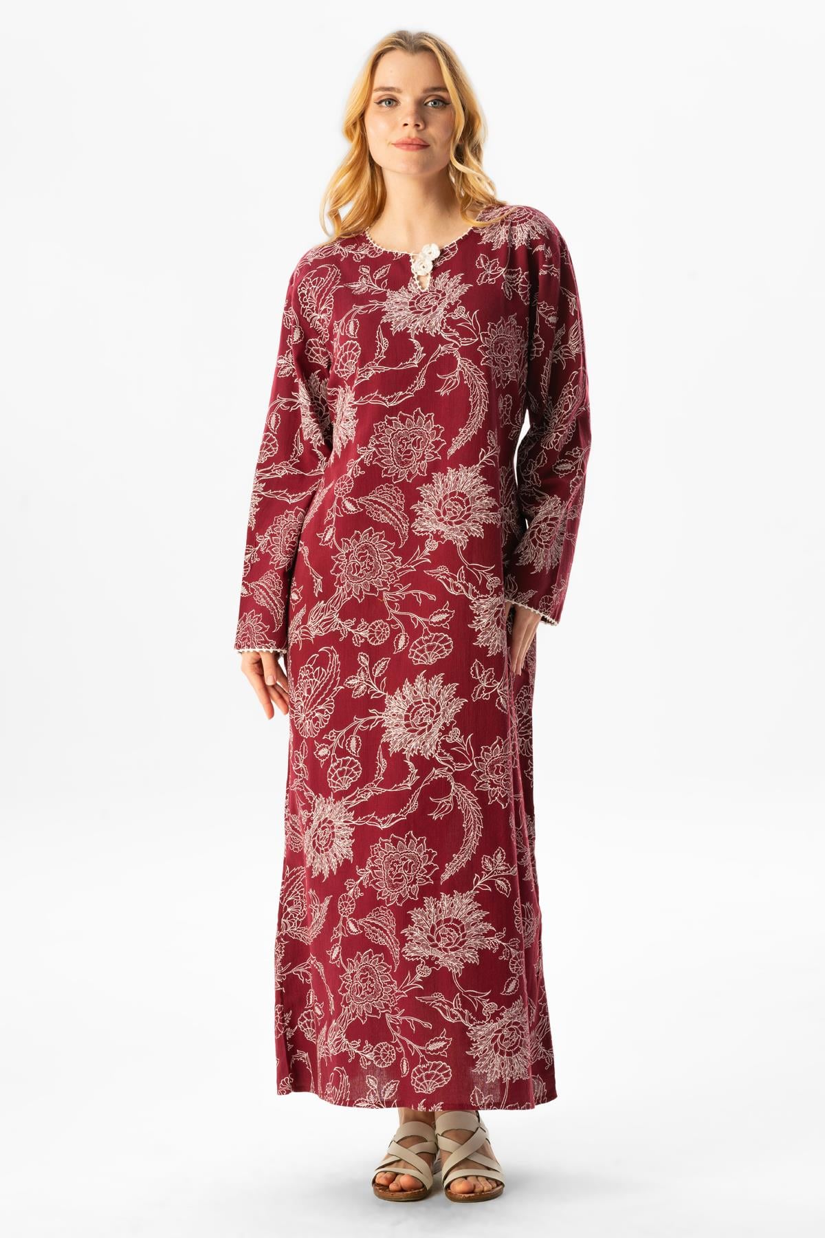 Uzun Kol Büyük Beden Şile Bezi Baskılı Uzun Yazlık Elbise Çınar Desen Bordo Brd