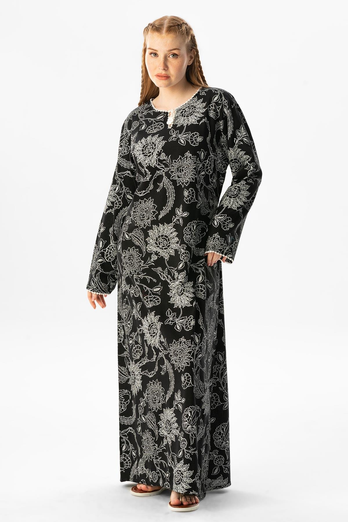 Uzun Kol Büyük Beden Şile Bezi Baskılı Uzun Yazlık Elbise Çınar Desen Siyah Syh