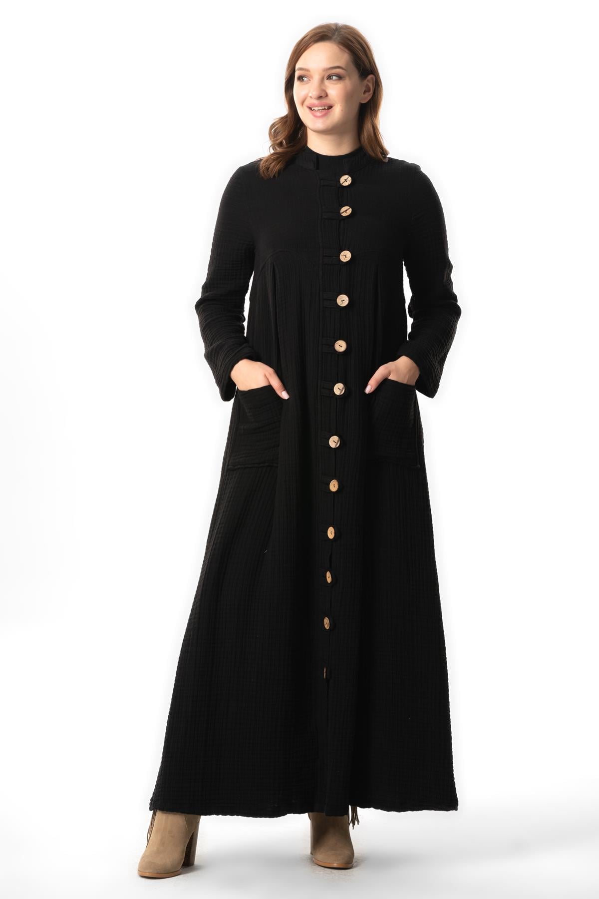 Long Sleeve Cennet Judge Collar Button Detailed Fall-Winter Double Muslin Pocket Abaya Black