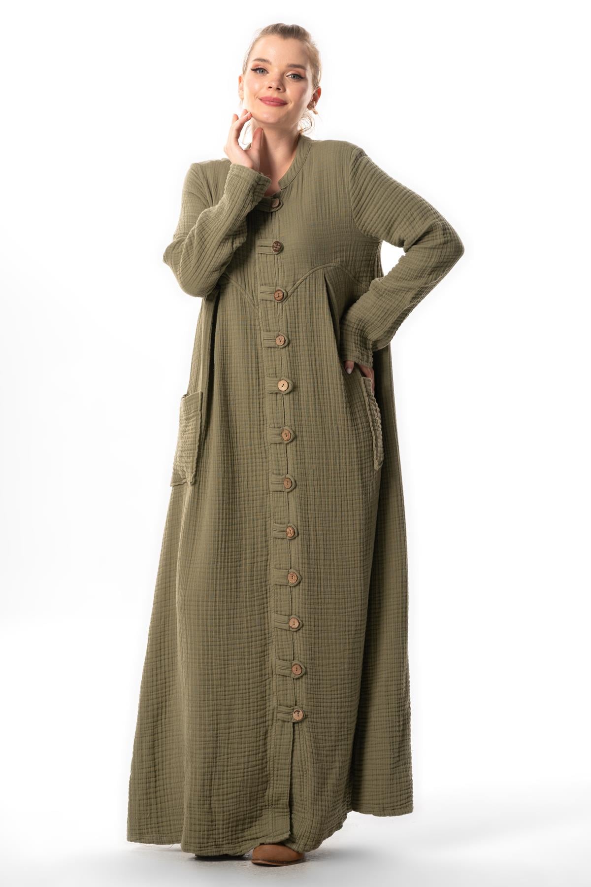 Long Sleeve Cennet Judge Collar Button Detailed Fall-Winter Double Muslin Pocket Abaya Khaki