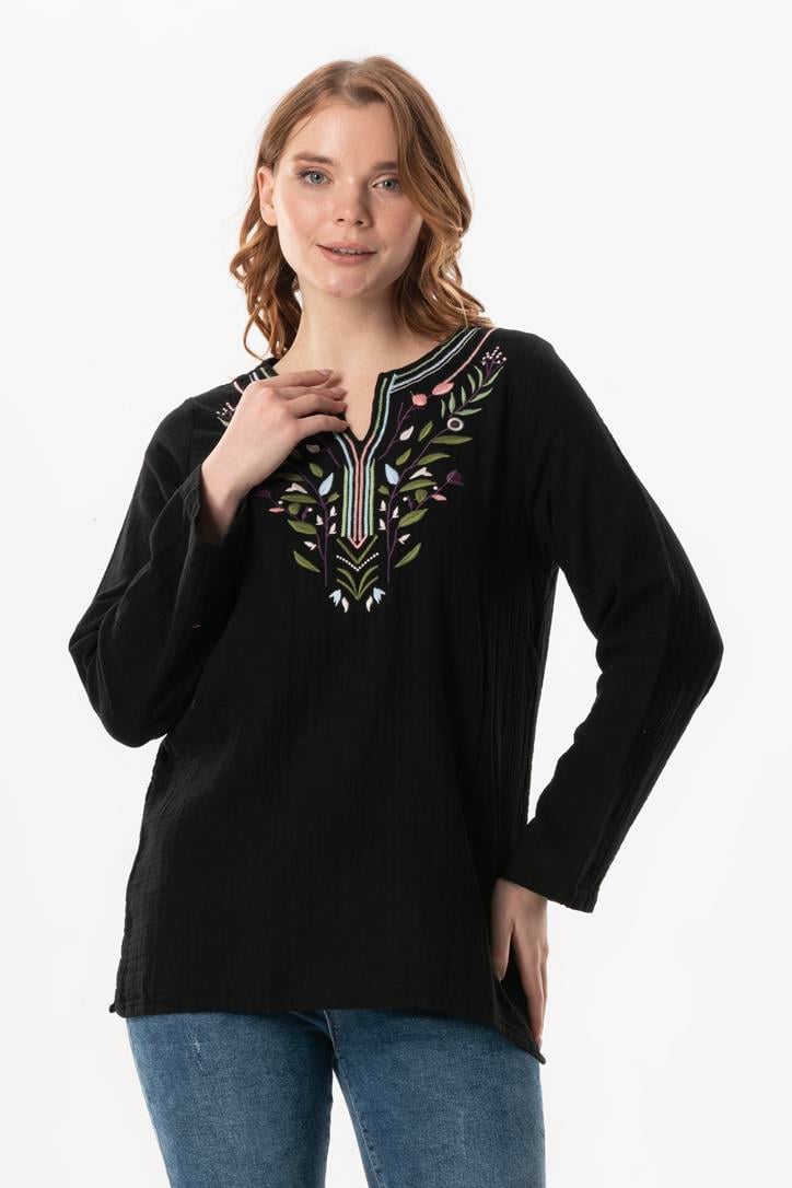Long Sleeve Çiçek V Neck Embroidered Muslin Summer Blouse Black