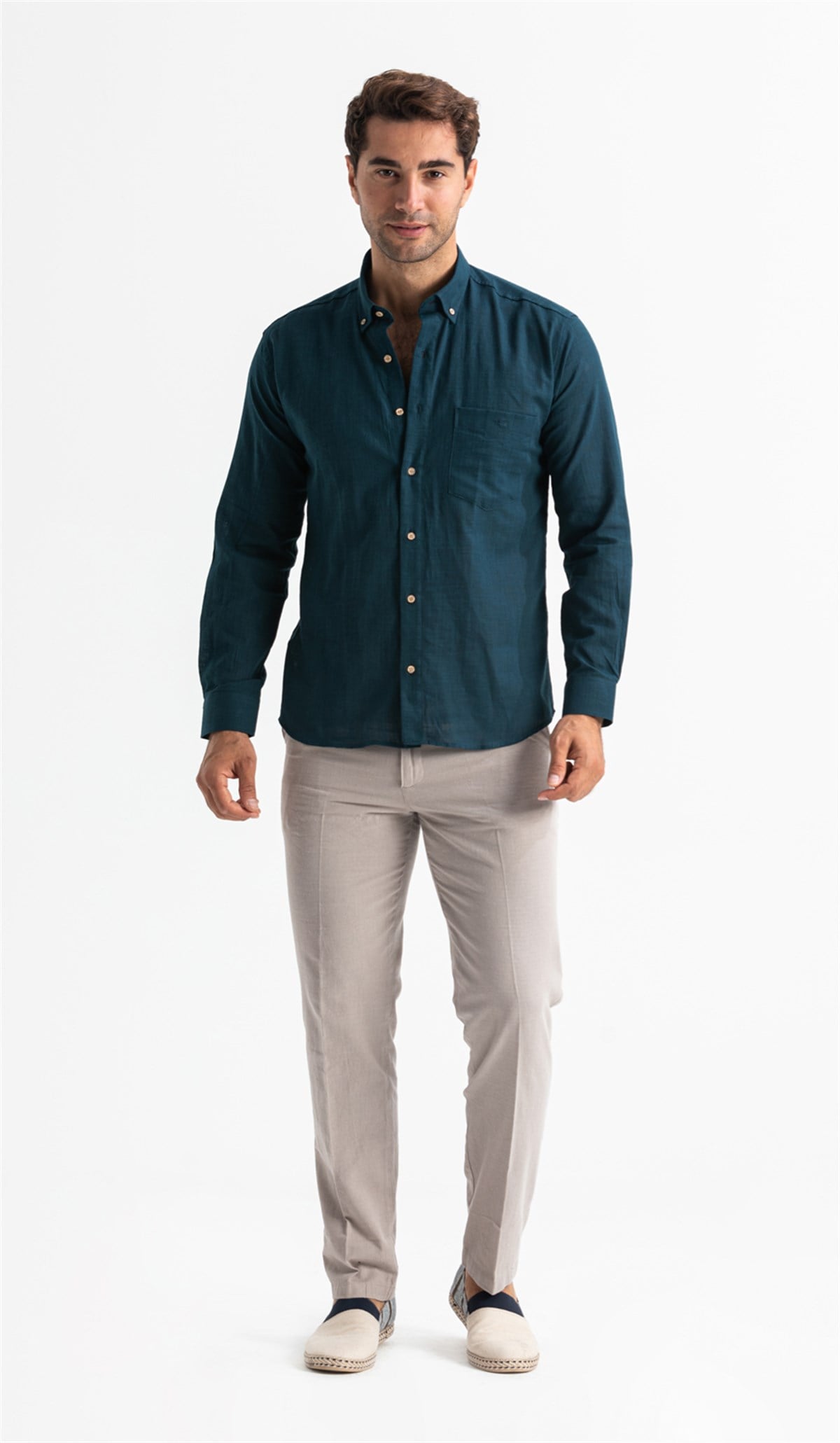 Long Arm Slim Fit Sile Fabric Men Shirt Koyu Petrol