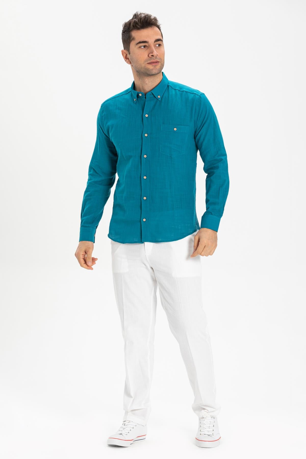 Long Sleeve Slim Fit Sile Fabric Men Shirt Petrol
