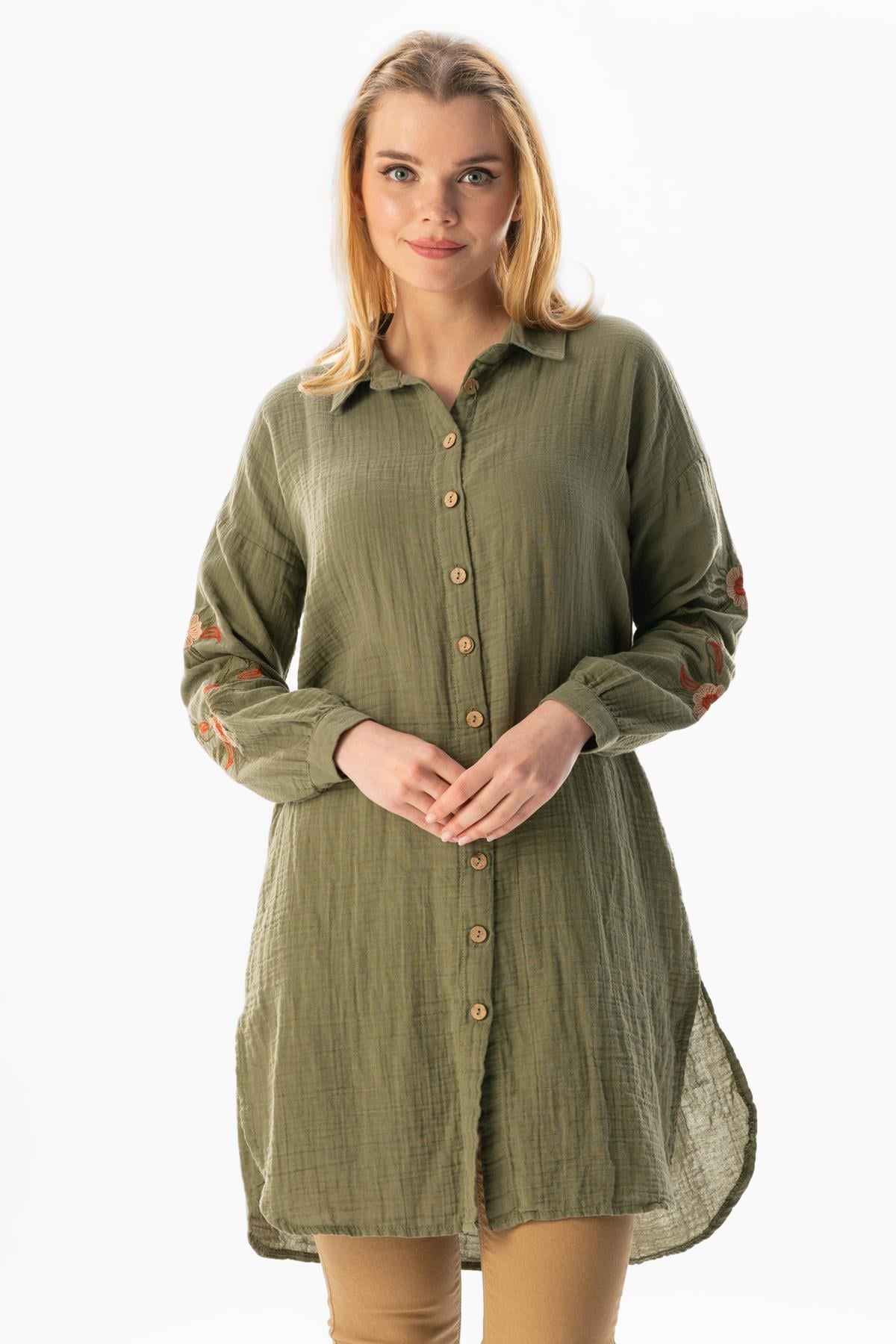 Long Sleeve Deste Shirt Collar Muslin Tunic Khaki 