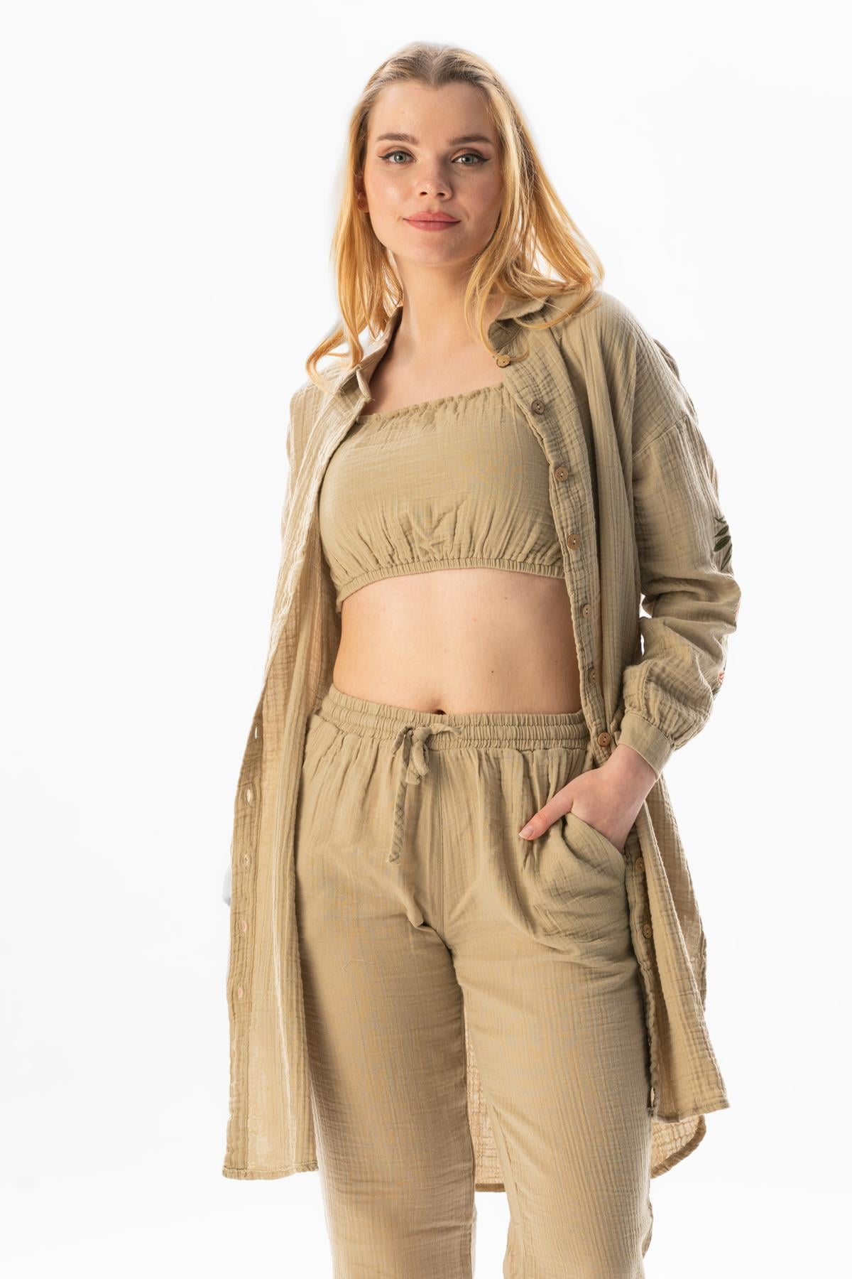 Long Sleeve Deste Shirt Collar Muslin Tunic Mink