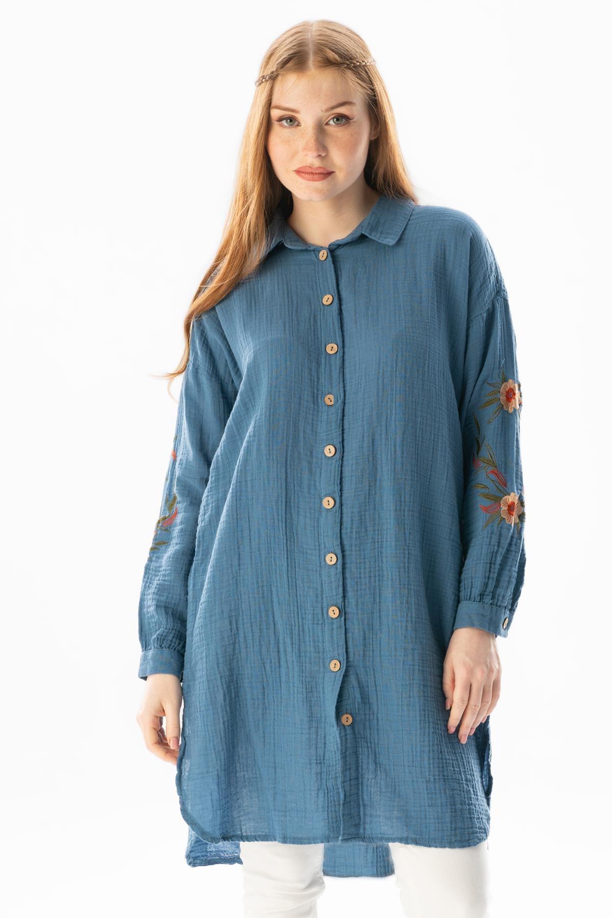 Long Sleeve Deste Shirt Collar Muslin Tunic Indigo