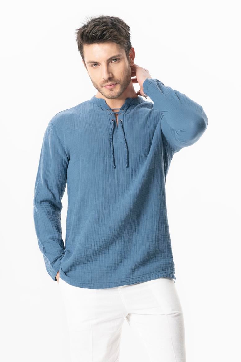 Uzun Kol Doruk V Yaka Bağcıklı Müslin Erkek Yazlık Tshirt İndigo indg