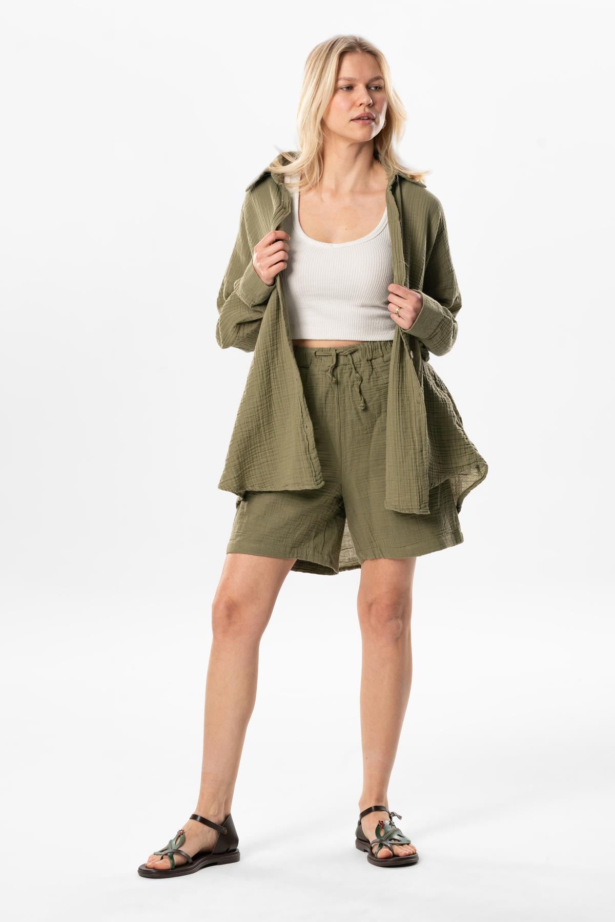Long Sleeve Esved Summer Muslin Shirt Khaki