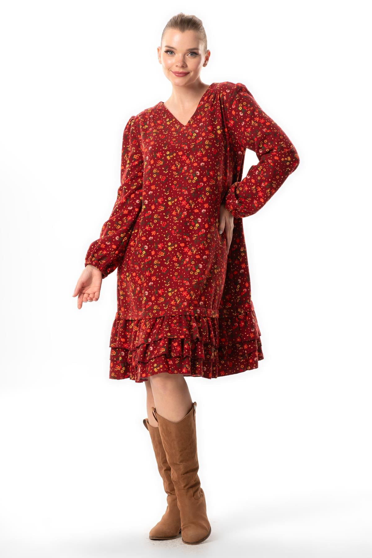 Long Sleeve Universe Flannel V-Neck Fall and Winter Floral Pattern Ruffled Short Dress Burgundy