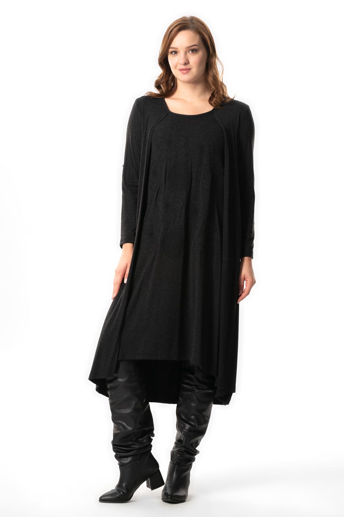 Long Sleeve Eylül Fall-Winter Authentic Midi Length Combed Viscose Dress Gray