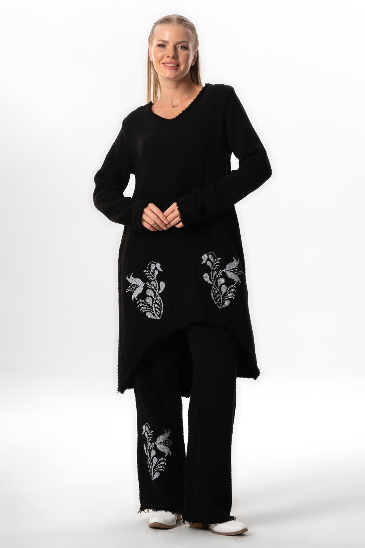 Long Sleeve Filiz V Neck Fall Winter Asymmetrical Cut Embroidered Double Muslin Tunic Black