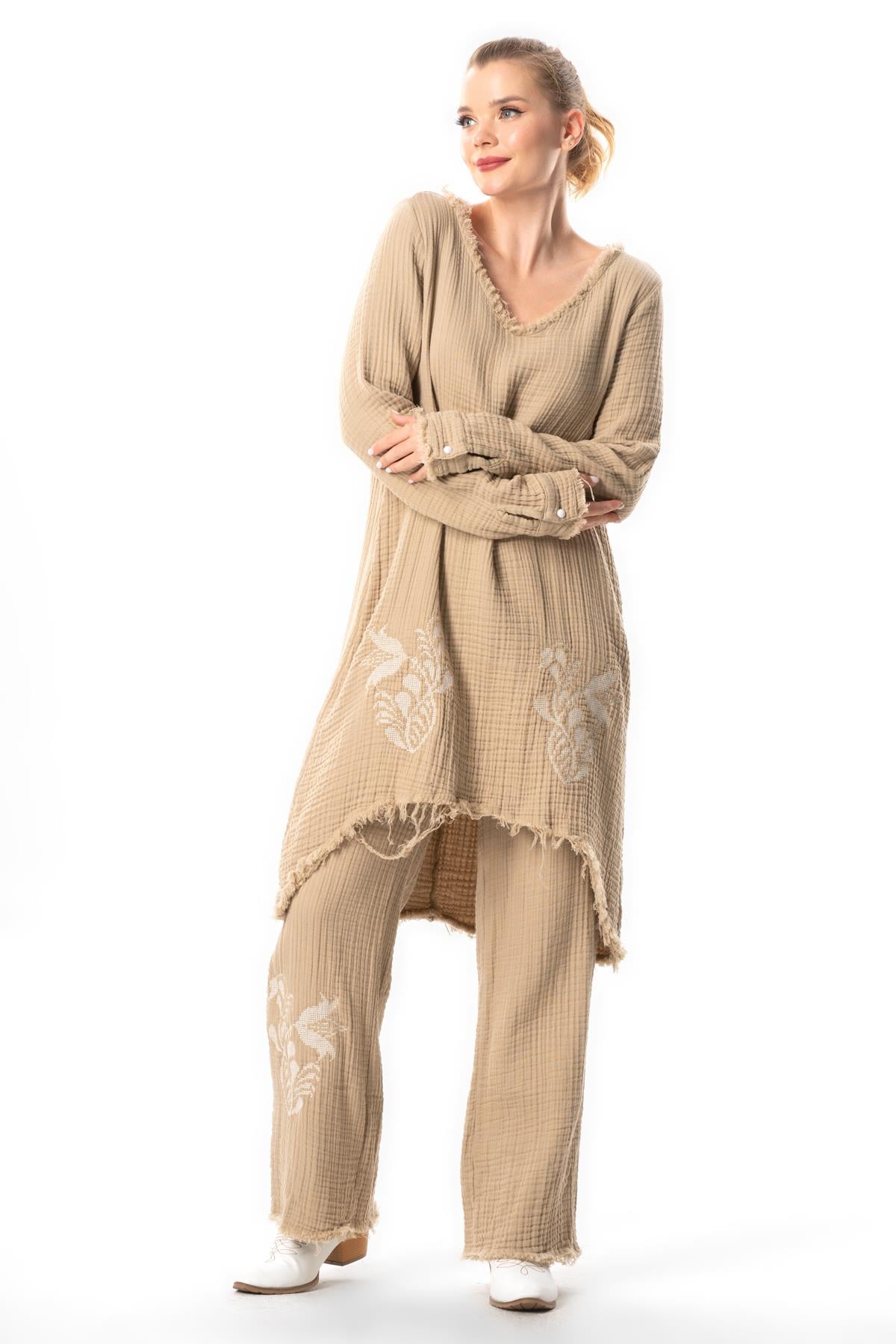Long Sleeve Filiz V Neck Fall Winter Asymmetrical Cut Embroidered Double Muslin Tunic Mink