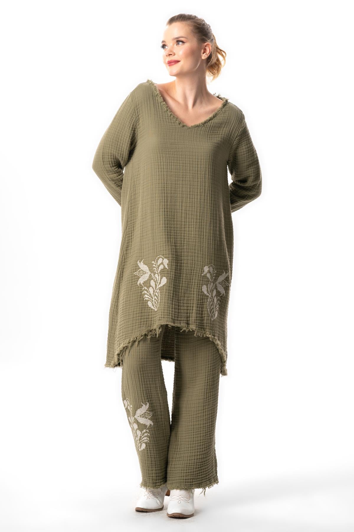 Long Sleeve Filiz V Neck Fall Winter Asymmetrical Cut Embroidered Double Muslin Tunic Khaki