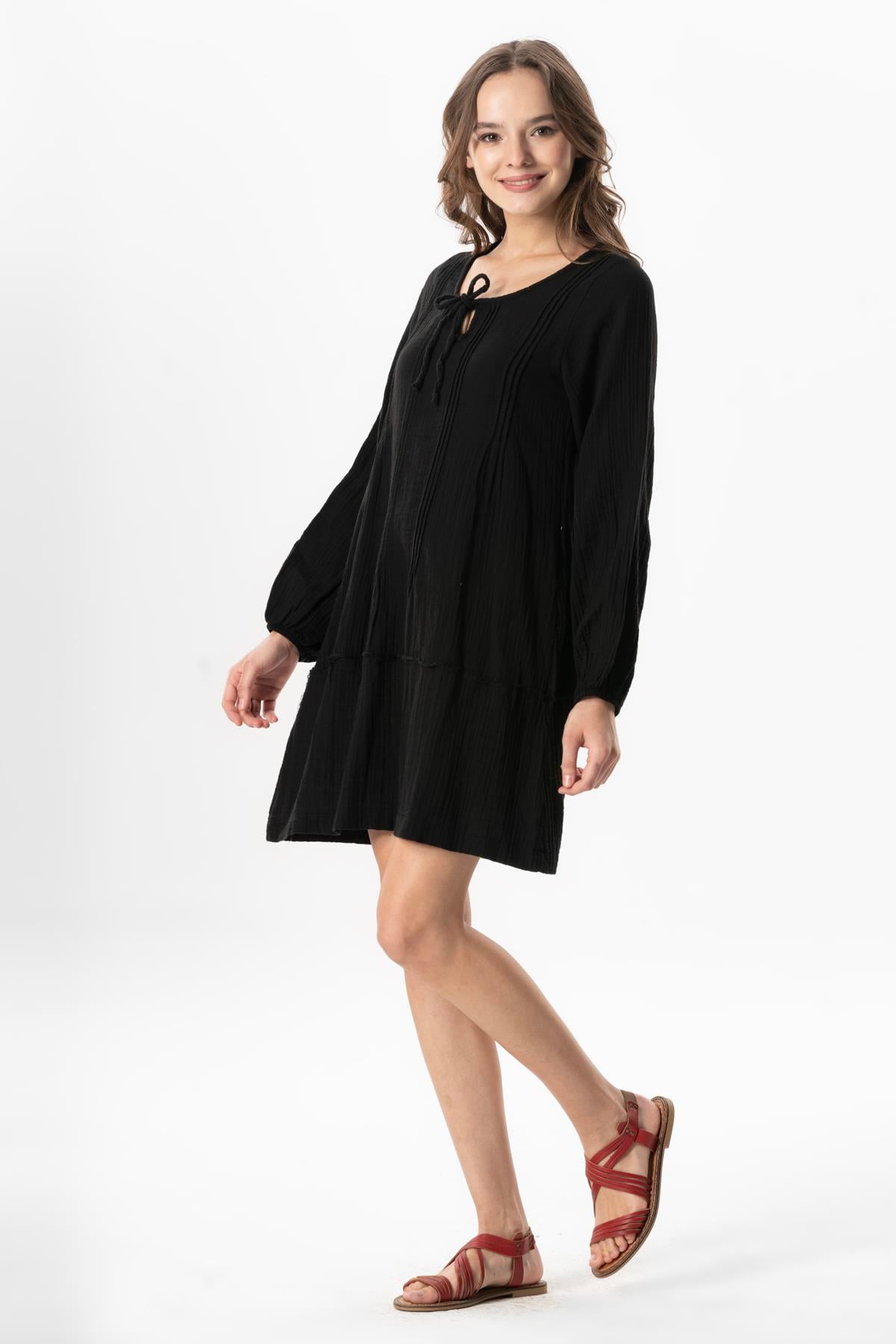 Long Sleeve Göksel Short Muslin Summer Dress Black