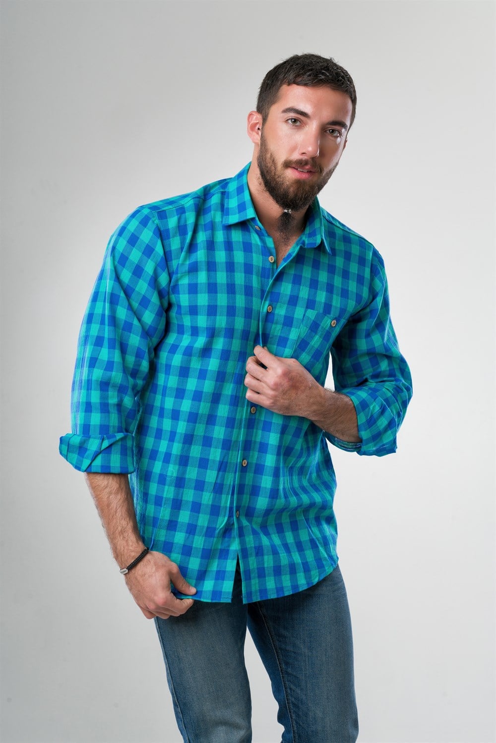 Long Sleeve Sile Fabric Men Shirt Mint Plaid
