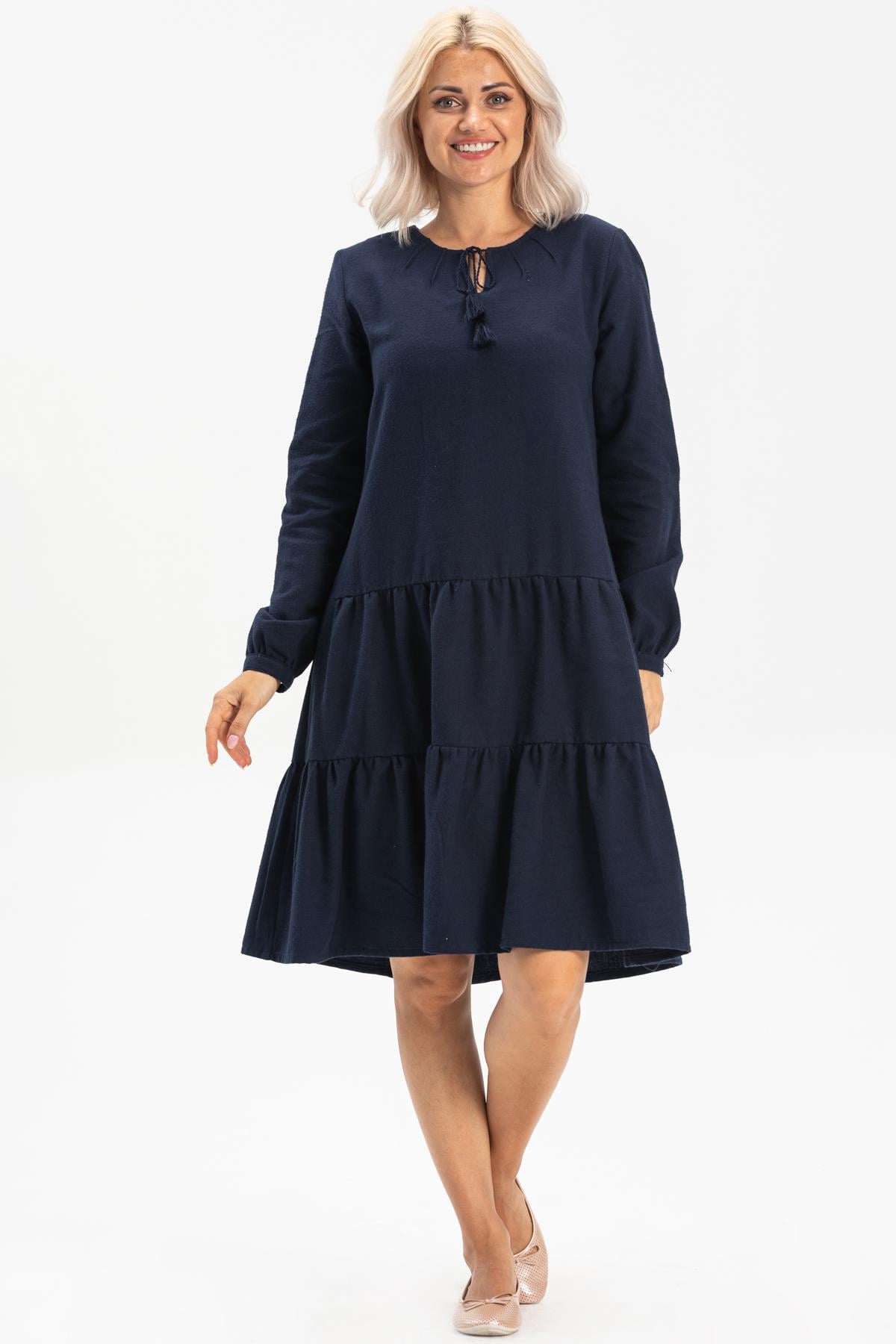 Long Sleeve Flannel Güliş Short Dress Navy Blue