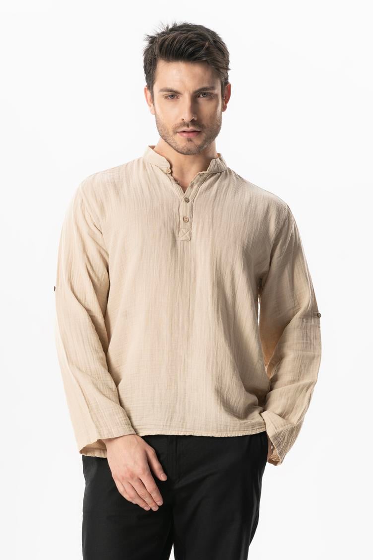 Uzun Kol Hakim Yaka Müslin Yazlık Sweatshirt Bej Bej
