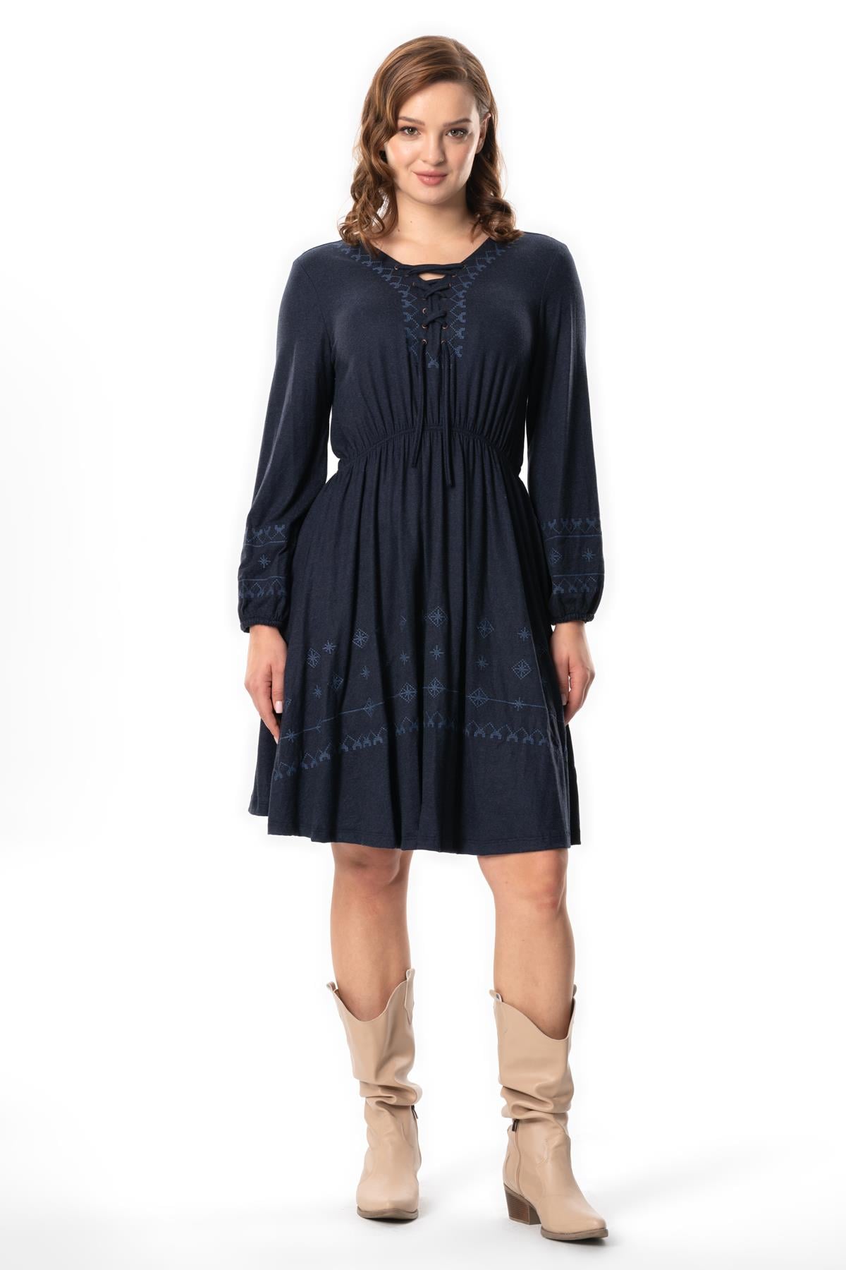 Long Sleeve Hayat Fall and Winter Authentic Short Combed Viscose Dress Navy Blue