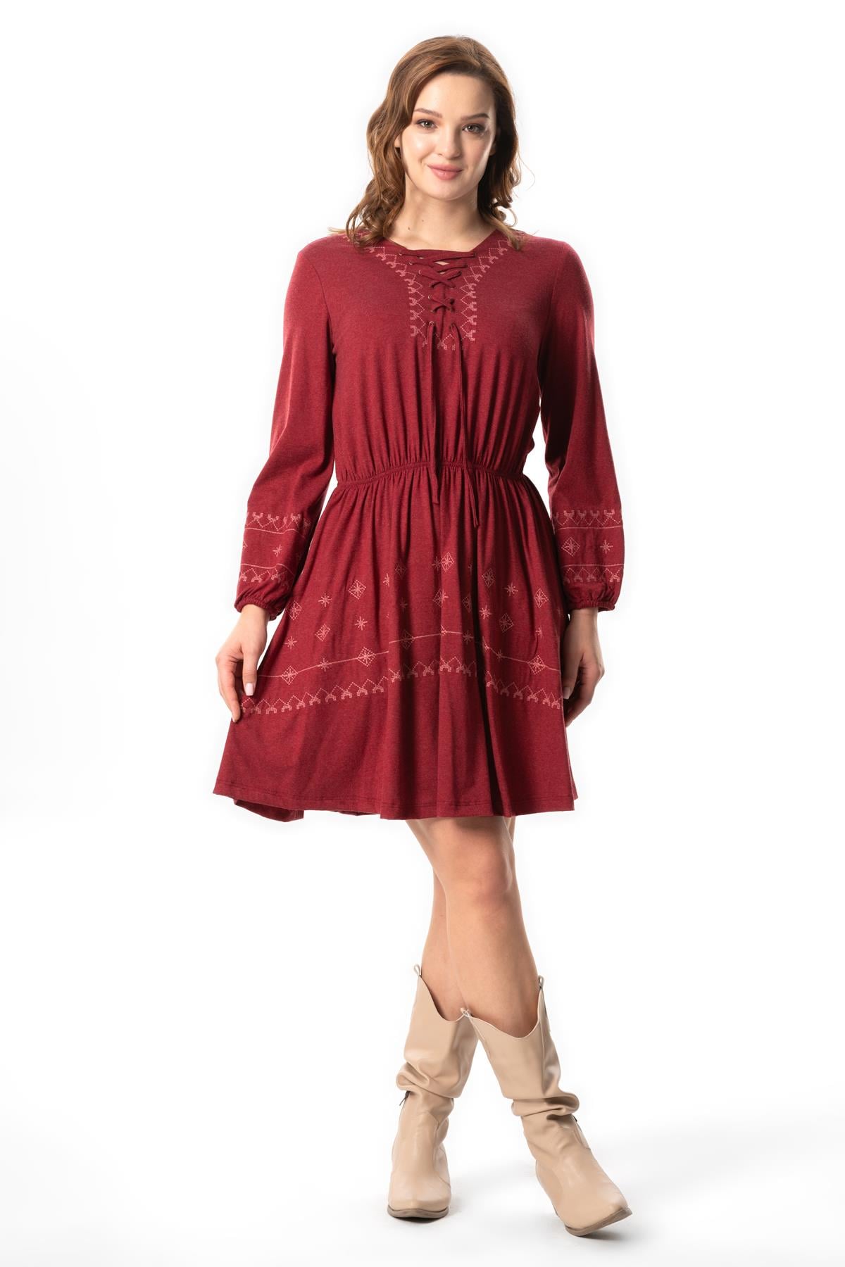 Long Sleeve Hayat Fall and Winter Authentic Short Combed Viscose Dress Burgundy