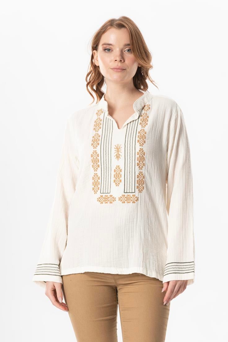 Long Sleeve Ibiza Embroidered Women's Muslin Summer T-shirt Off White