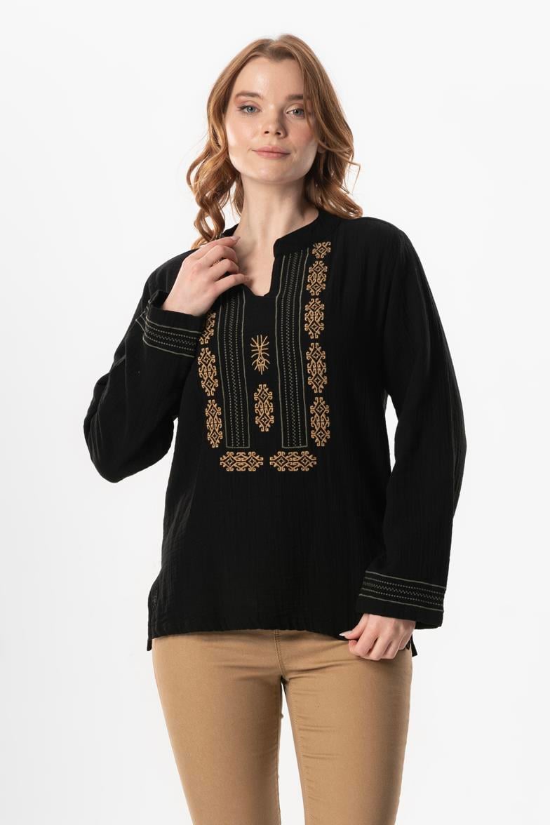 Long Sleeve Ibiza Embroidered Women's Muslin Summer T-shirt Black