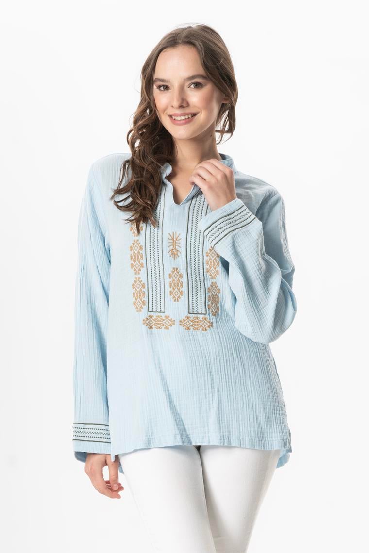 Long Sleeve Ibiza Embroidered Women's Muslin Summer T-shirt Ice Blue