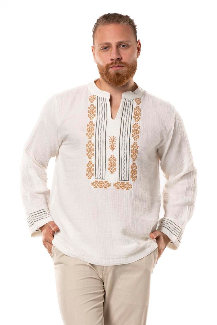 Uzun Kol İbiza Nakışlı Müslin Erkek Yazlık Tshirt Kırık Beyaz KrkByz