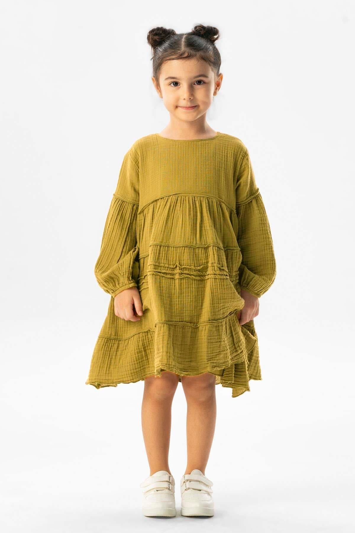Long Sleeve İlay Summer Muslin Kids Dress Oil Green