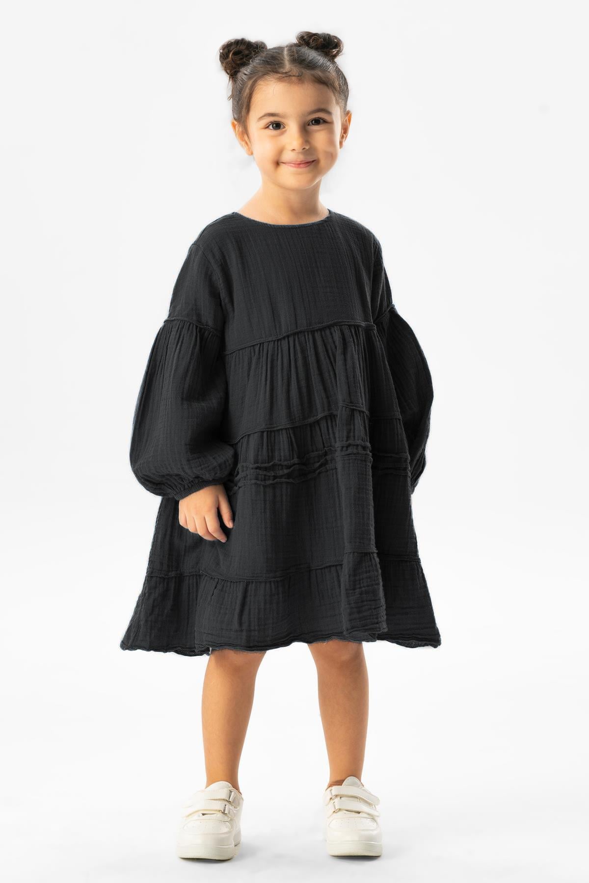 Long Sleeve İlay Summer Muslin Kids Dress Black