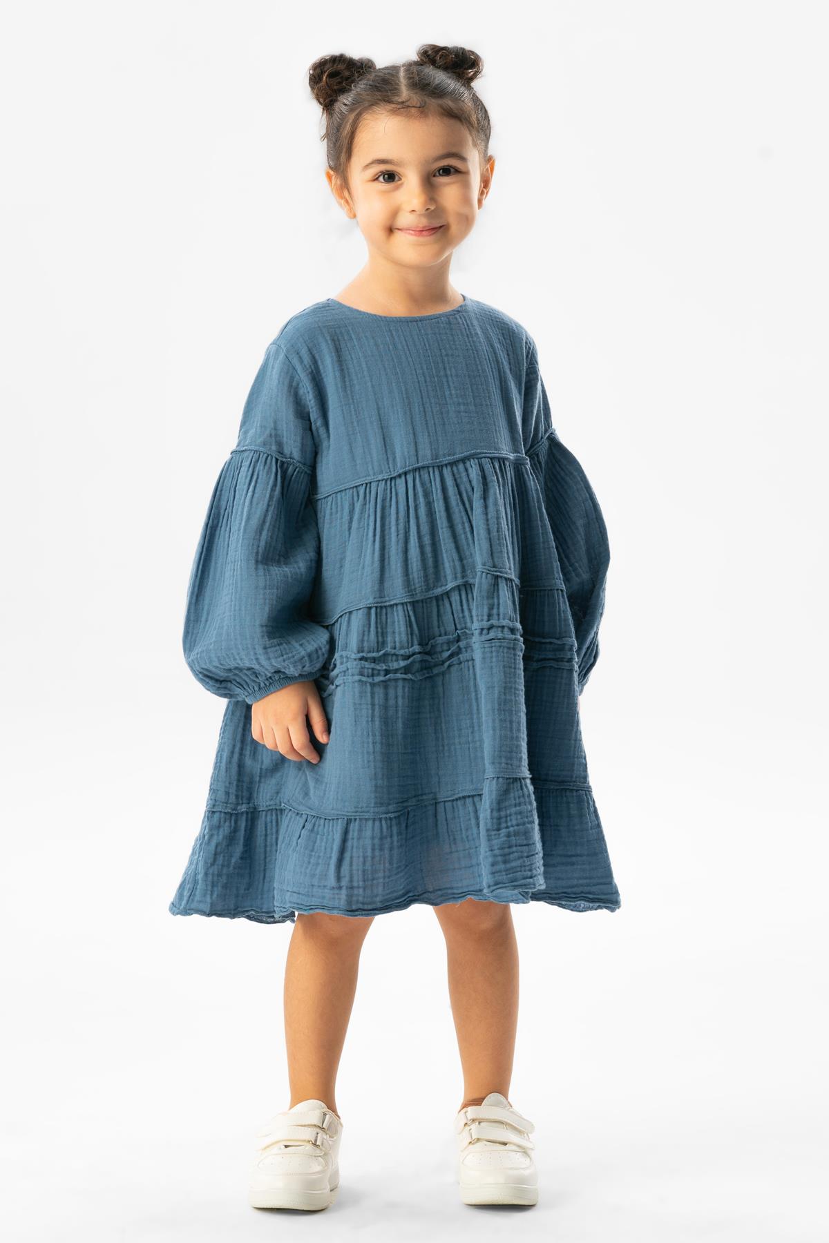 Long Sleeve İlay Summer Muslin Kids Dress İndigo