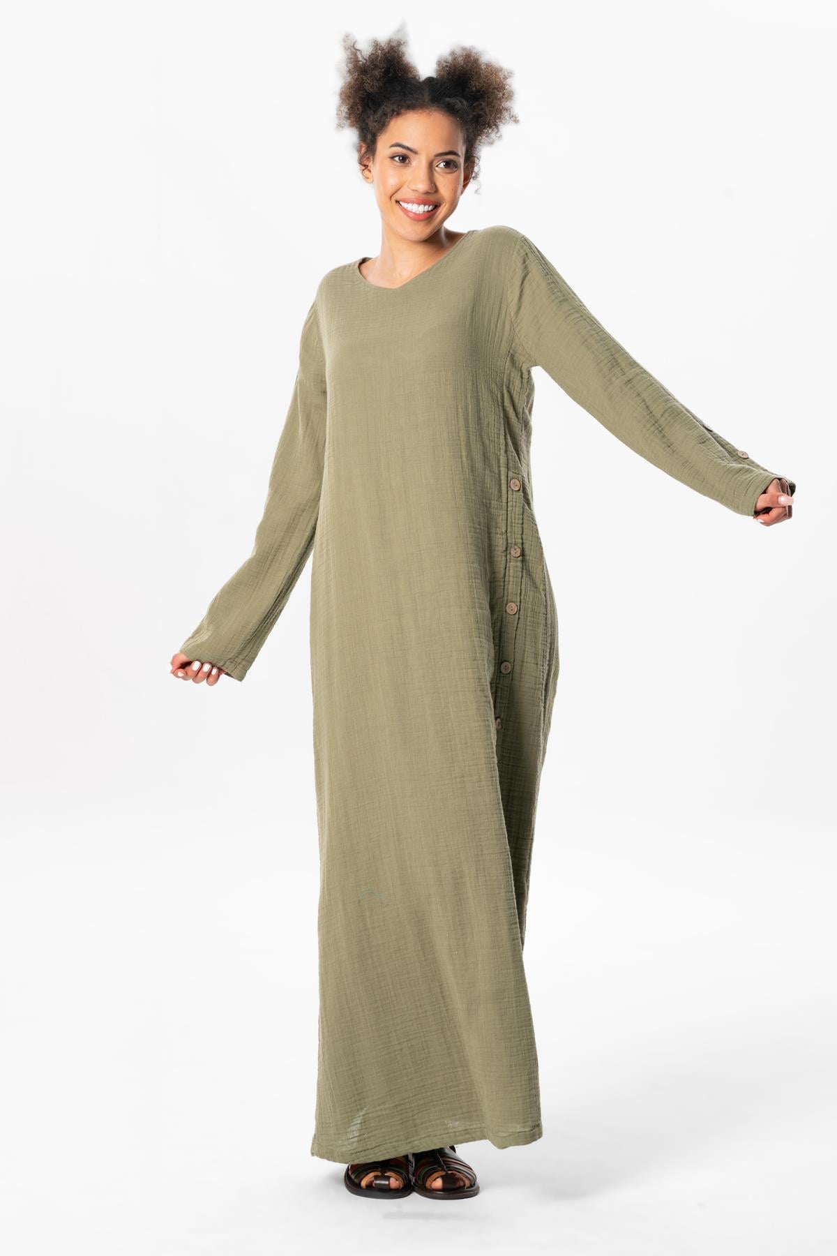 Long Sleeve Izel Long Summer Muslin Dress Khaki