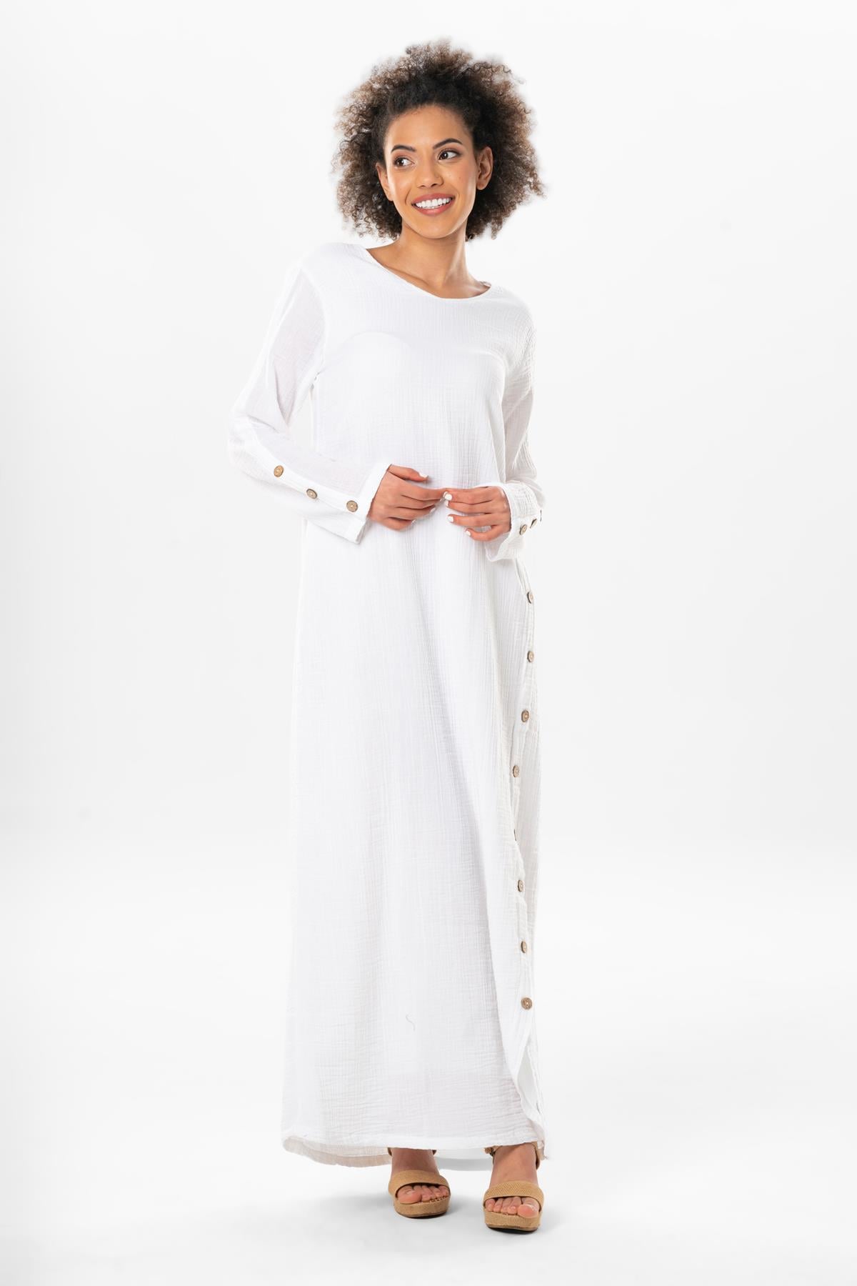 Long Sleeve Izel Long Summer Muslin Dress White