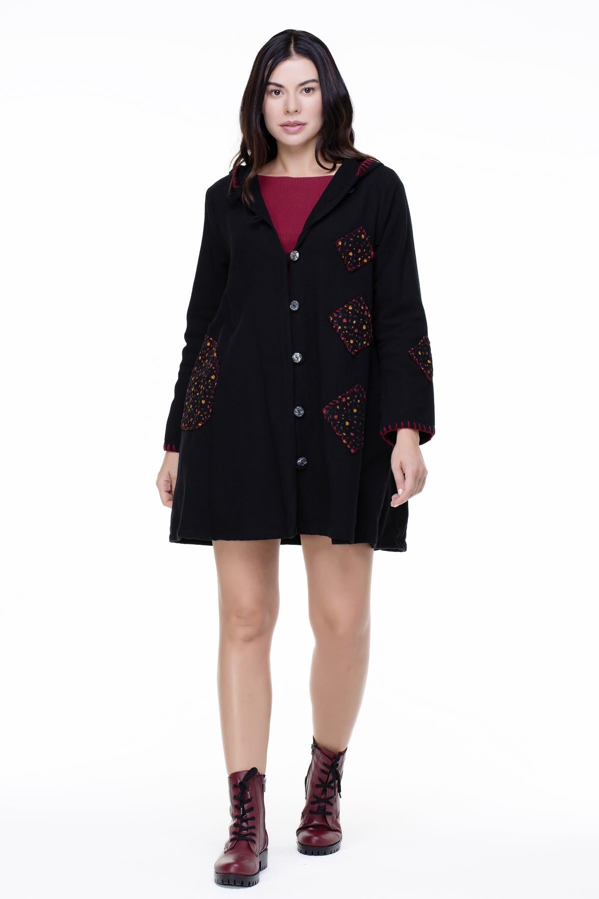 Uzun Kol Kapüşonlu Eylem Pazen Ceket Siyah Syh