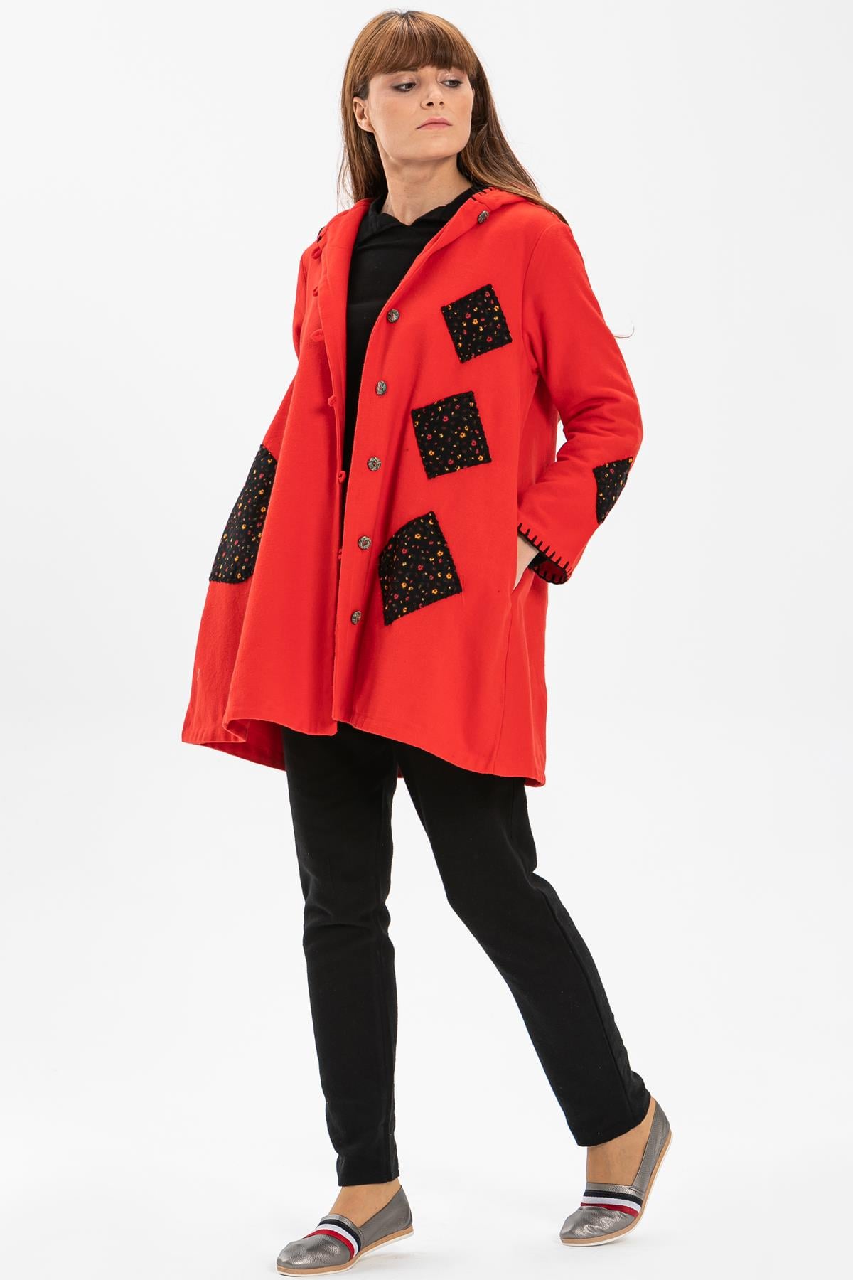 Uzun Kol Kapüşonlu Eylem Pazen Sonbahar ve Kışlık Ceket Kırmızı Krmz