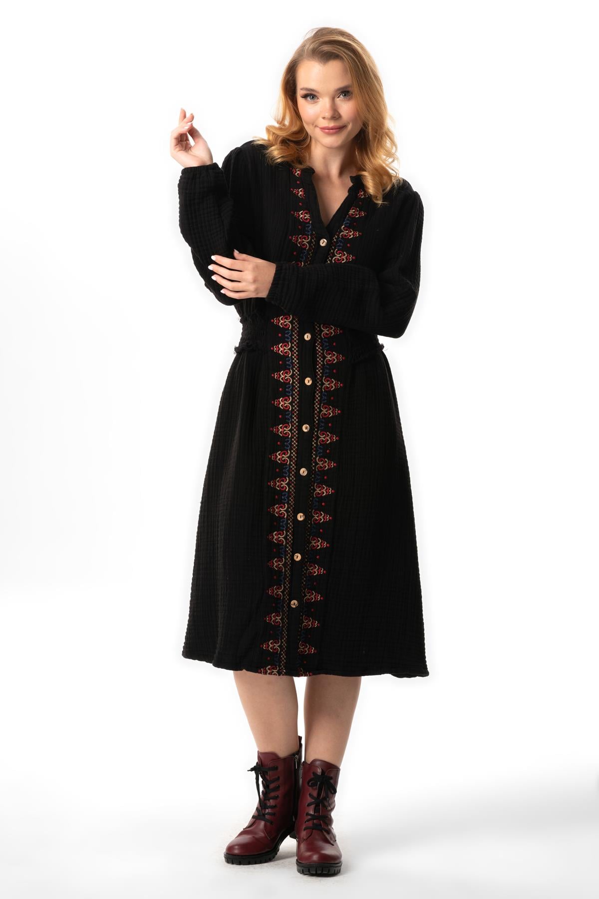 Long Sleeve Kıvılcım V Neck Fall and Winter Embroidery Detailed Short Double Muslin Dress Black