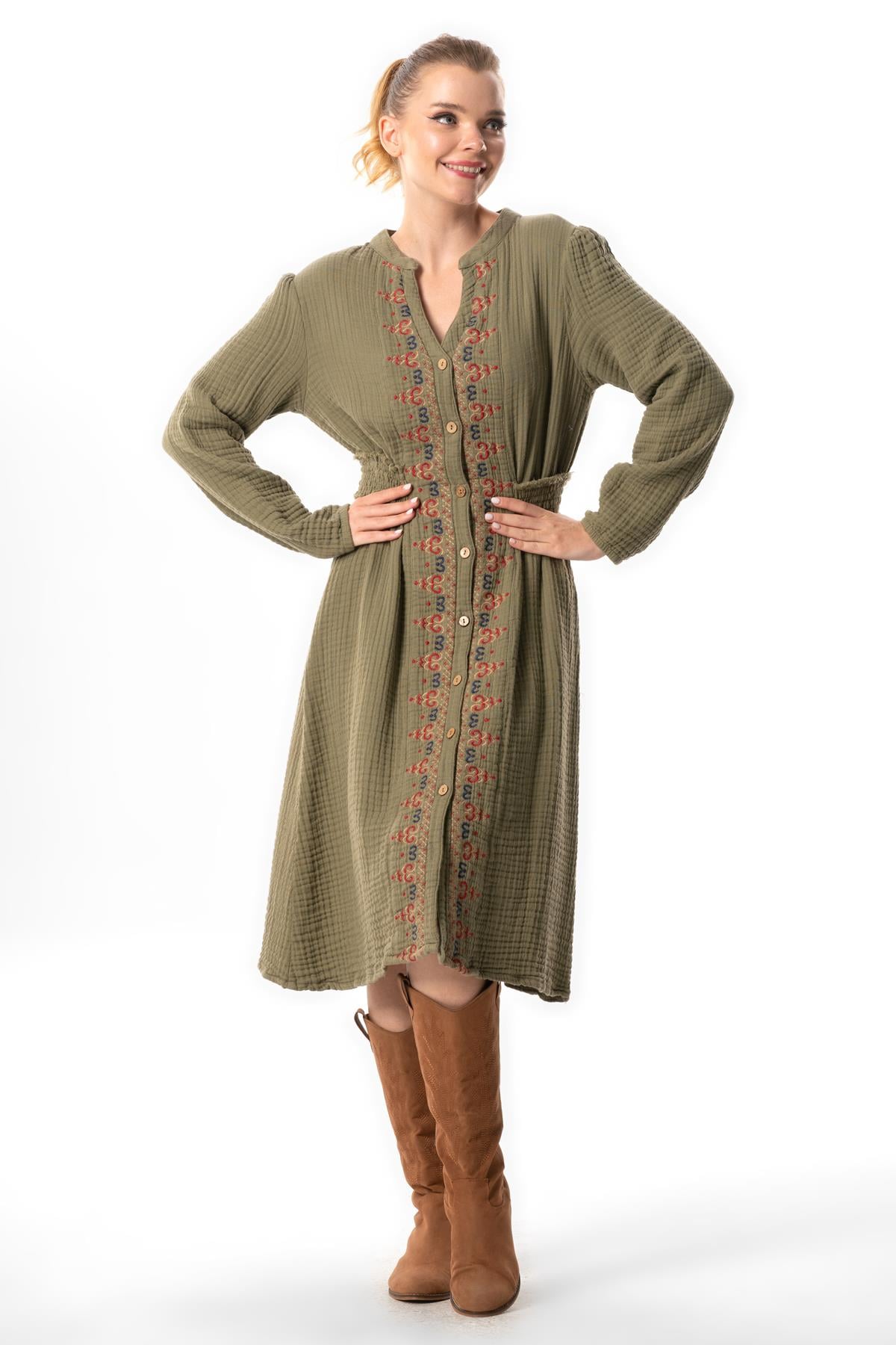 Long Sleeve Kıvılcım V Neck Fall and Winter Embroidery Detailed Short Double Muslin Dress Khaki