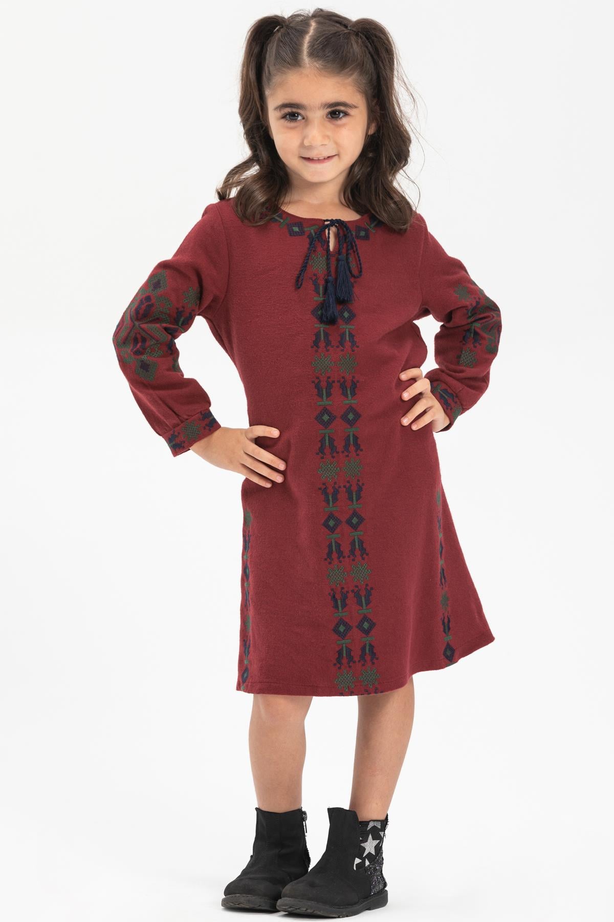 Long Sleeve Flannel Mahur Kids Dress Claret Red