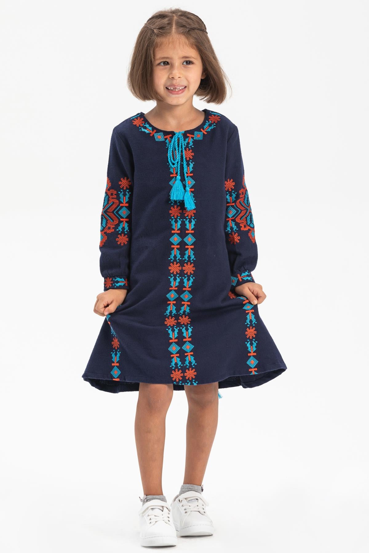 Long Sleeve Flannel Mahur Kids Dress Navy Blue