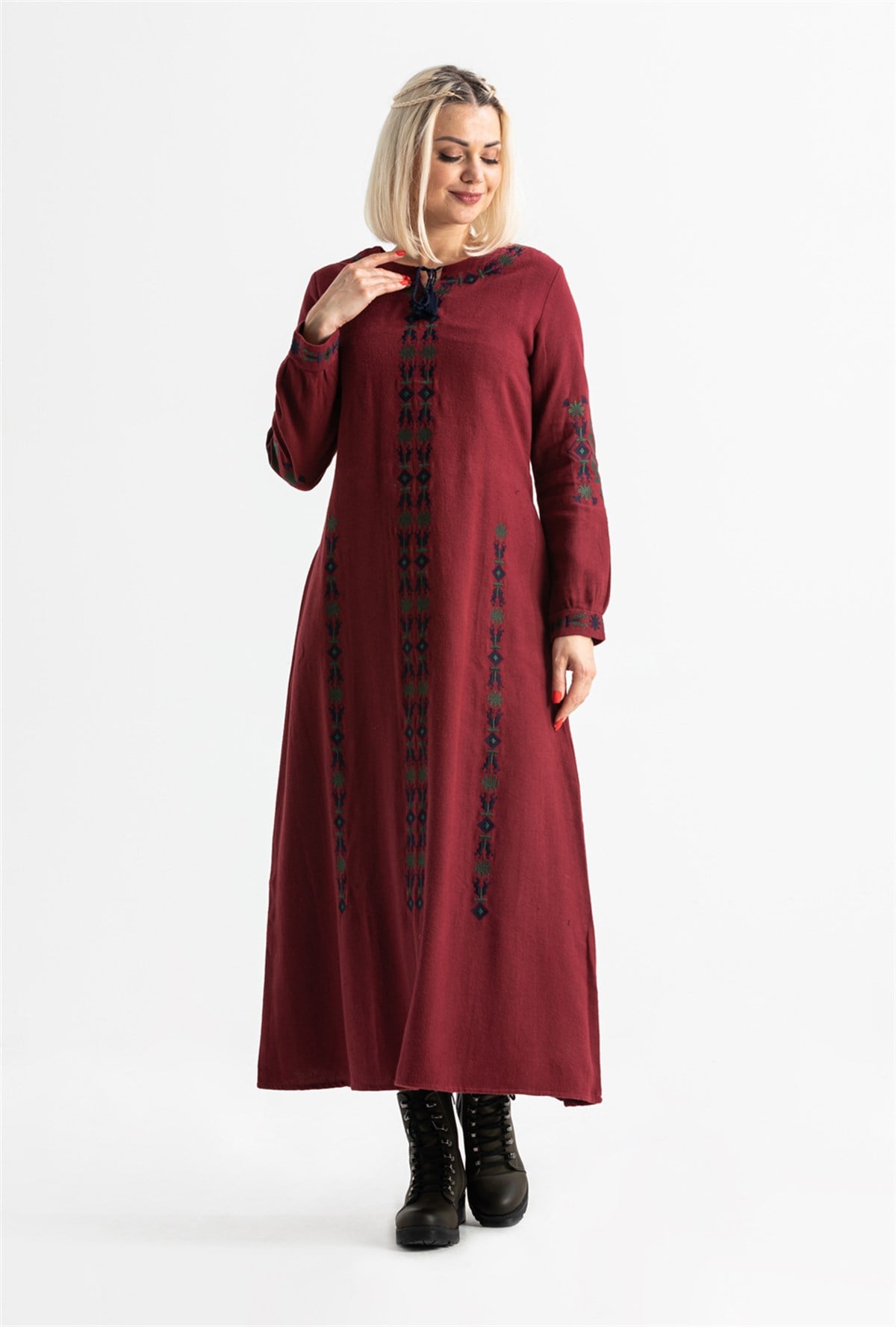 Long Sleeve Flannel Mahur Long Dress Claret Red