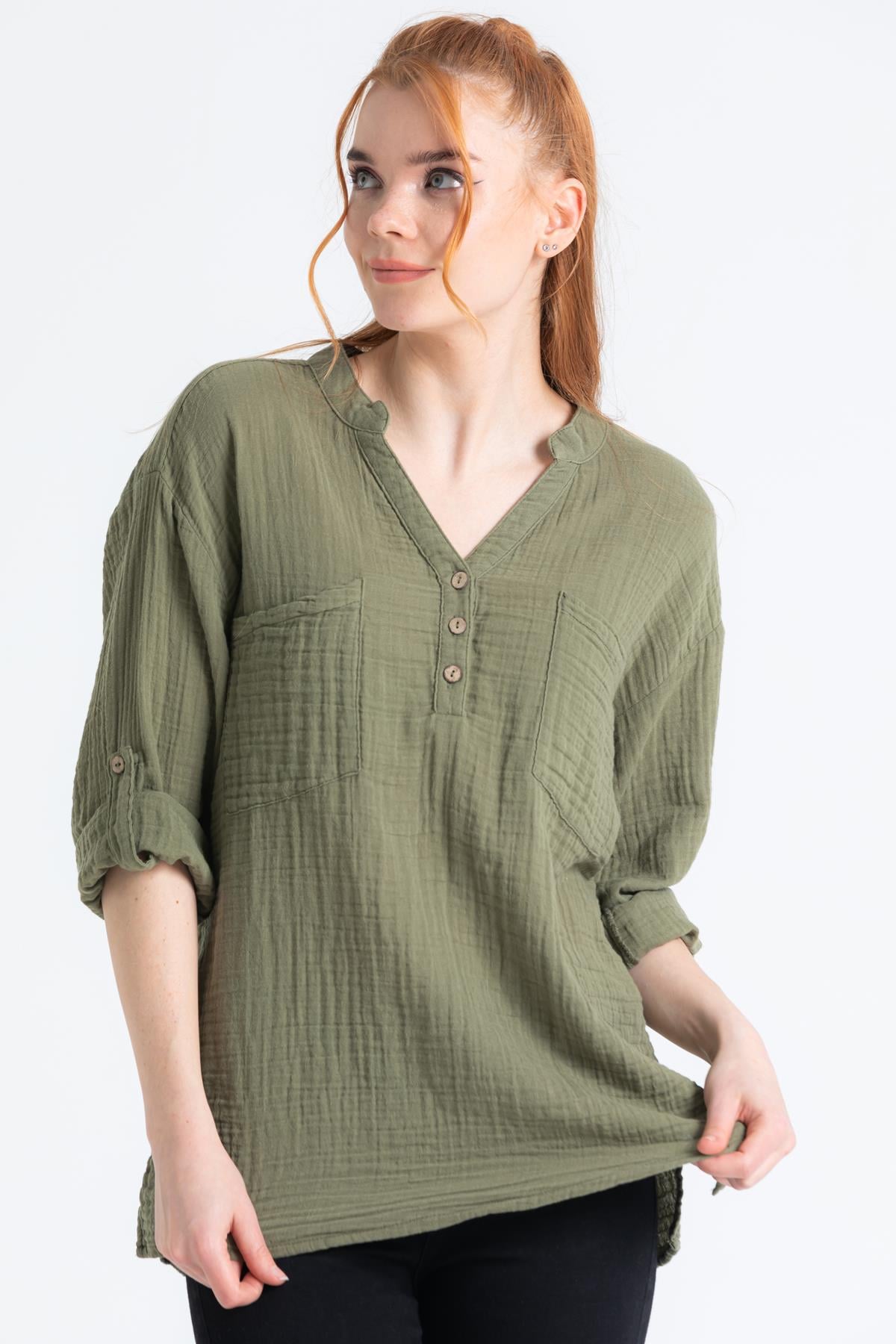 Long Sleeve Muslin Asu Blouse Khaki