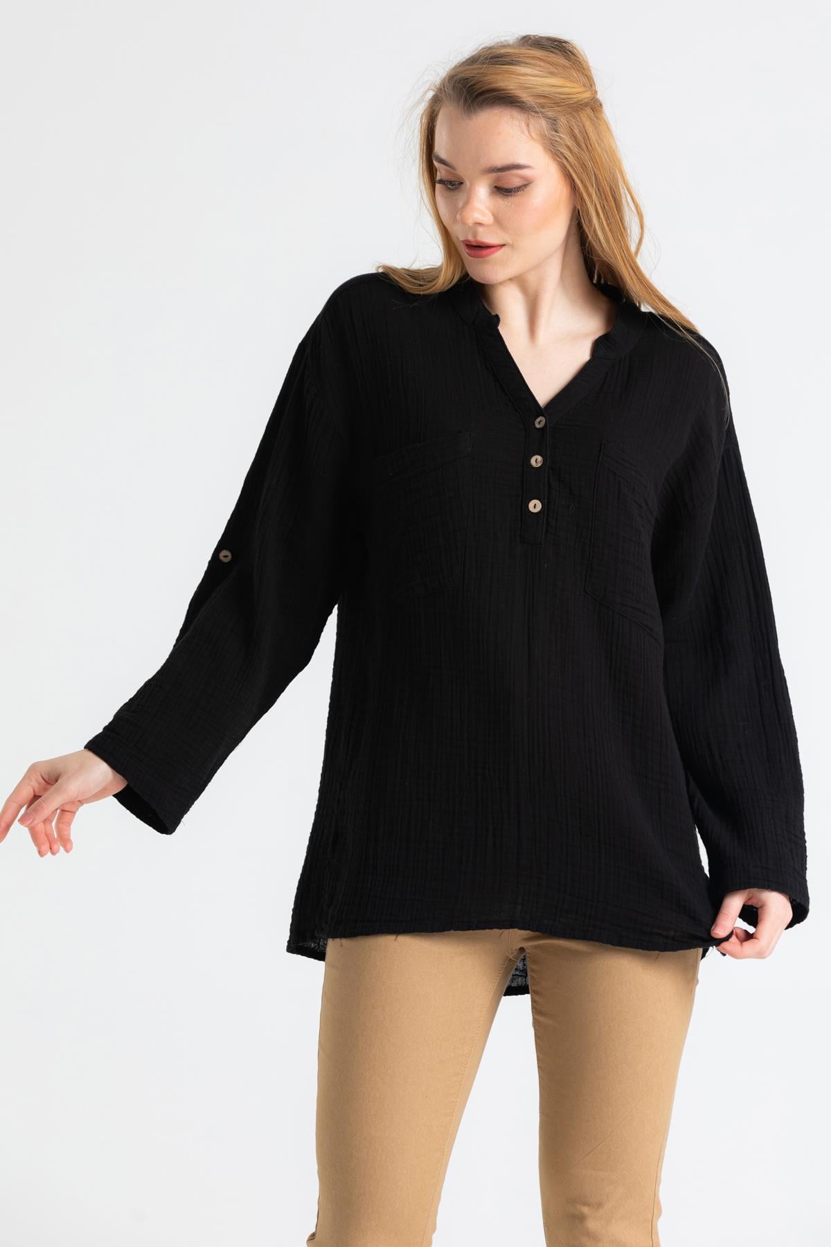 Long Sleeve Muslin Asu Blouse Black